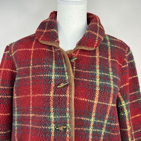 Orvis Red Plaid Fleece Sherpa Button Front Jacket S NWOT Wood Buttons - Picture 2 of 10